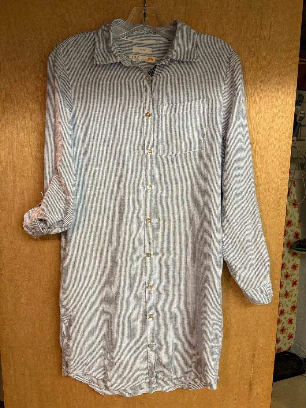 C&C California Light Blue Striped Linen Shirt swim cover up Small